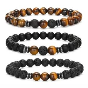 Tiger Eye and Black Bead Bracelet Set